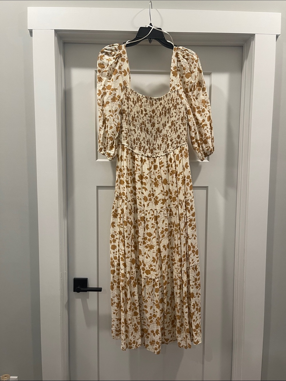 Blu Pepper Cream and Brown Floral Smocked Midi Dress